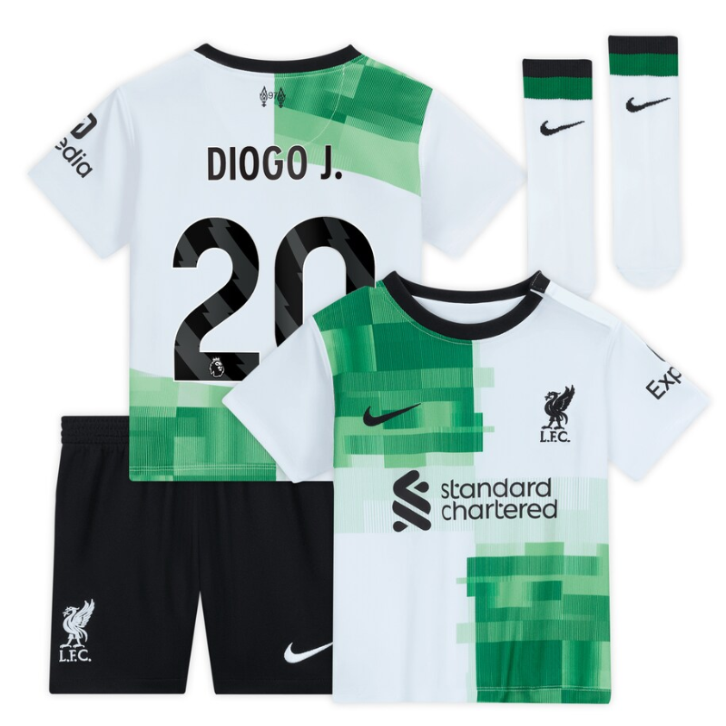 Liverpool Away Kit - 2023-24 - Kids with Diogo J. 20 printing Player Jersey - White