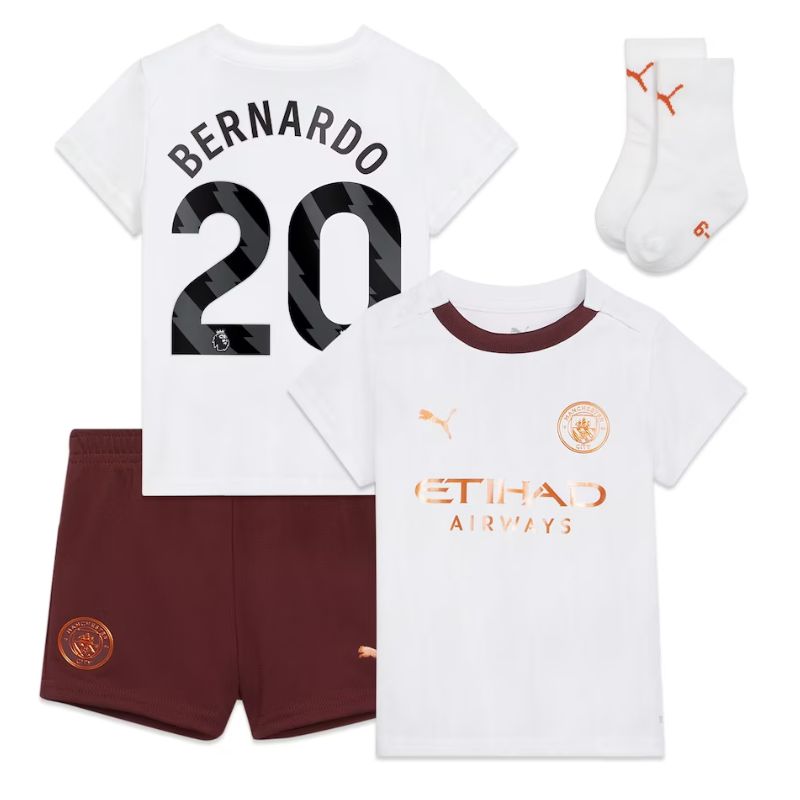 Manchester City Away Kids kit 2023-24 with Bernardo 20 printing Jersey - White