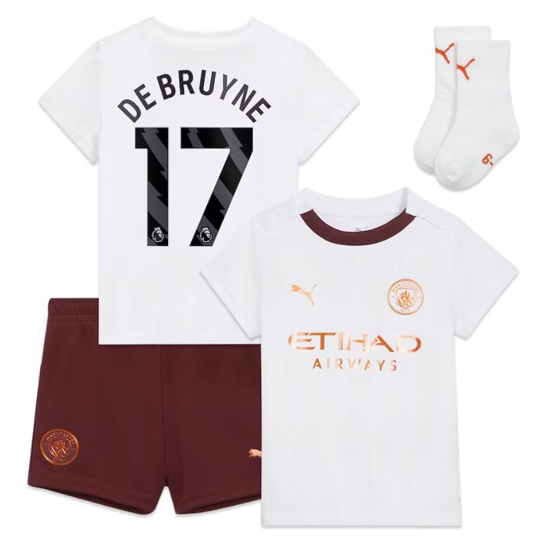 Manchester City Away Kids kit 2023-24 with De Bruyne 17 printing Jersey - White