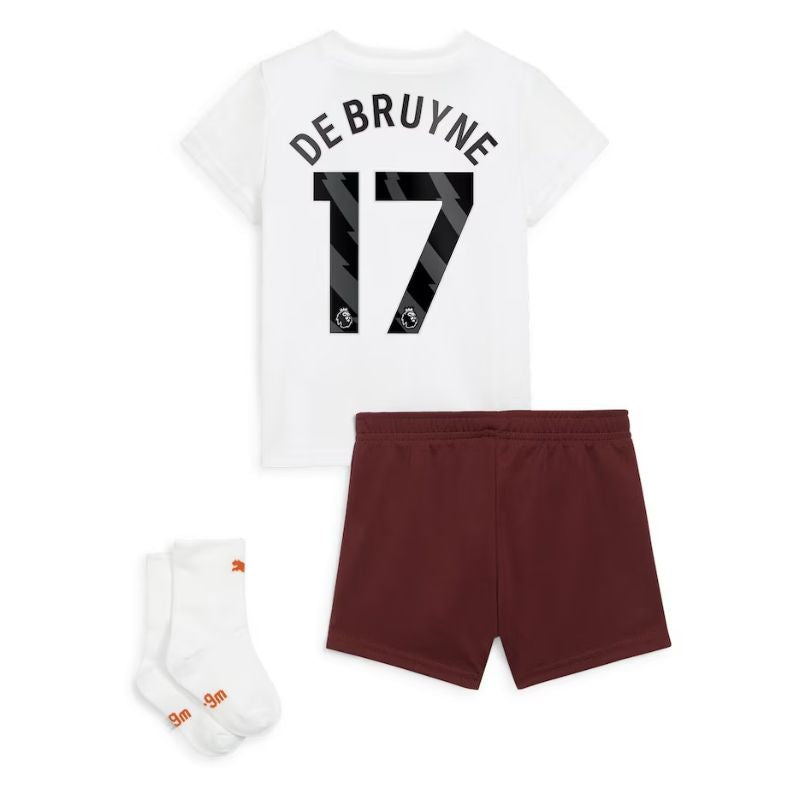 Manchester City Away Kids kit 2023-24 with De Bruyne 17 printing Jersey - White