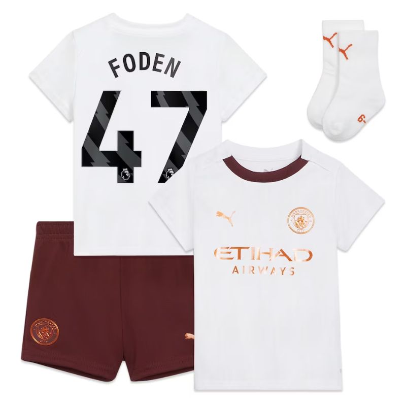 Manchester City Away Kids kit 2023-24 with Foden 47 printing Jersey - White