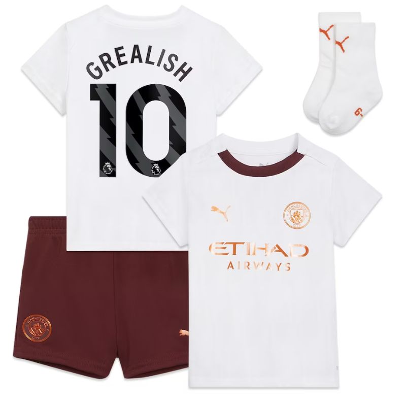 Manchester City Away Kids kit 2023-24 with Grealish 10 printing Jersey - White