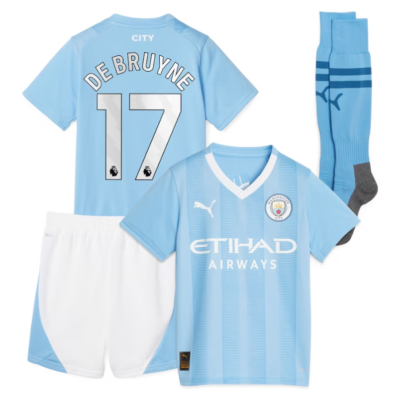 Manchester City Home Kids kit 2023-24 with De Bruyne 17 printing Jersey - Sky Blue