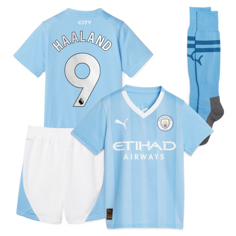 Manchester City Home Minikit Kids 2023-24 with Haaland 9 printing Jersey - Sky Blue