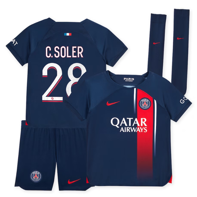 Paris Saint-Germain Nike Home Stadium Kit 2023-24 - Little Kids with C. Soler 28 printing Jersey