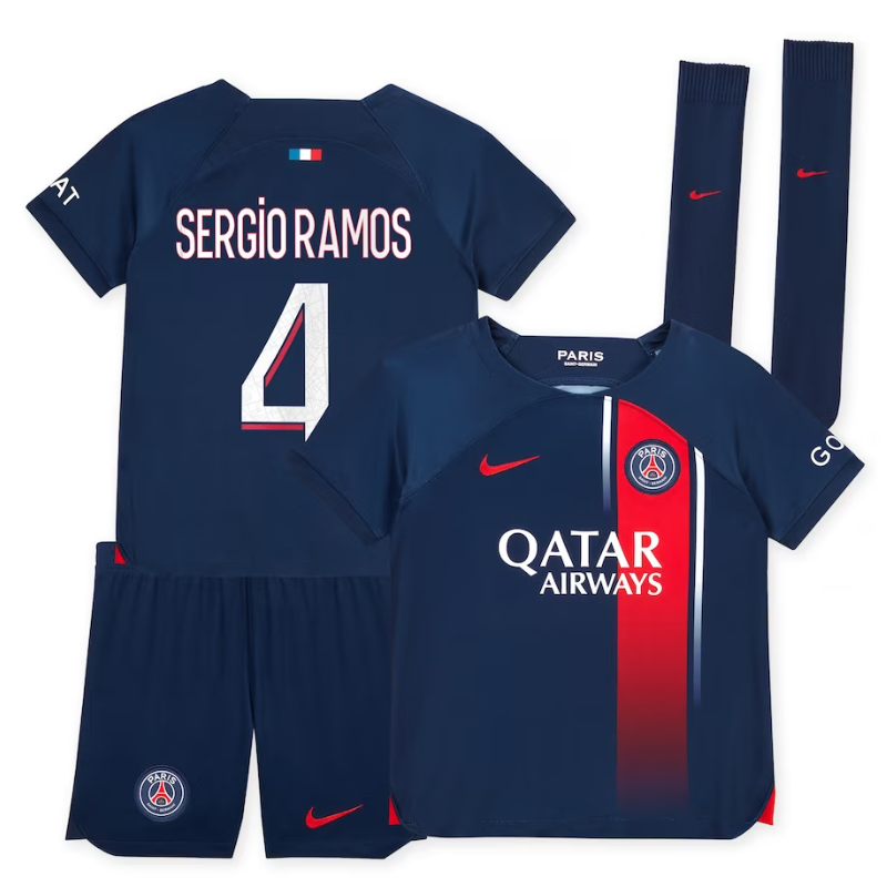 Paris Saint-Germain Nike Home Stadium Kit 2023-24 - Little Kids with Sergio Ramos 4 printing Jersey