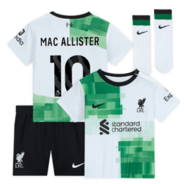 Liverpool Away Kit – 2023-24 – Kids with Mac Allister 10 printing Player – White