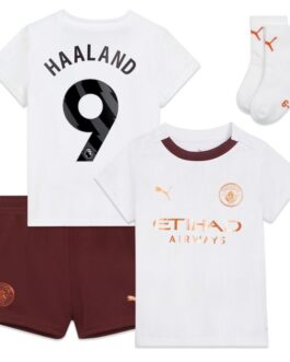 Manchester City Away Kids kit 2023-24 with Haaland 9 printing Jersey – White