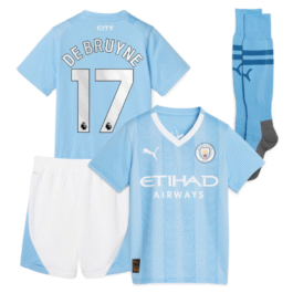 Manchester City Home Kids kit 2023-24 with De Bruyne 17 printing Jersey – Sky Blue