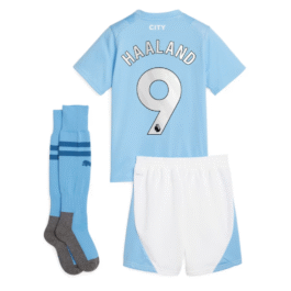 Manchester City Home Minikit Kids 2023-24 with Haaland 9 printing Jersey – Sky Blue