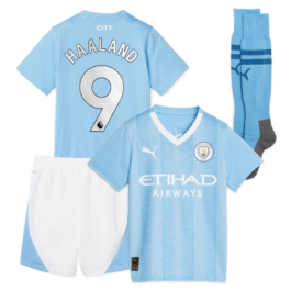 Manchester City Home Minikit Kids 2023-24 with Haaland 9 printing Jersey – Sky Blue